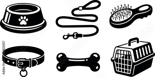 Flat design set of six pet care icons showing bowl leash brush collar bone and carrier in bold silhouette arrangement