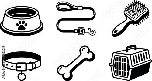 Line art pet supplies icon set close up dog bowl leash brush collar bone and carrier arranged on clean white background