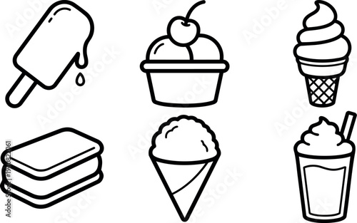Minimalist line art ice cream icon set six dessert symbols including popsicle, sundae, soft serve, sandwich, scoop cone, milkshake outline