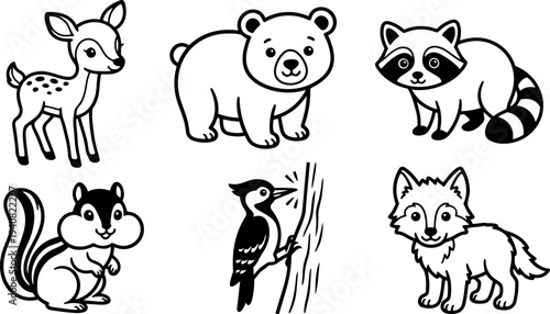 Line art cute woodland animal showing fawn, bear cub, raccoon, chipmunk, woodpecker and fox in friendly pose with bold outline