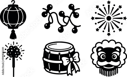 Flat design bold chinese new year icons close up lantern, firecrackers, fireworks, handheld sparkler, ribboned drum and lion dance mask festive
