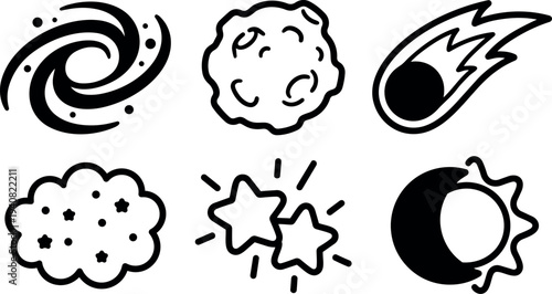 Minimalist line art space icon set showing comet, asteroid, galaxy, stars, nebula and eclipse in bold black vector symbols collection