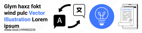 Language translation, innovation, digital contracts, communication tools, agreement processes, conceptual design. Icons include language exchange, lightbulb for ideas, and contract documentation