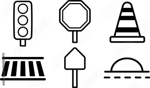 Flat line art traffic icon set six road signs traffic light stop sign cone pedestrian crossing directional post speed bump