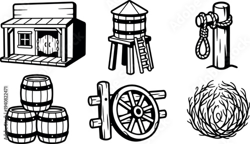 Tattoo flash vintage western icons set saloon water tower barrels wagon wheel post with rope tumbleweed close up line art black