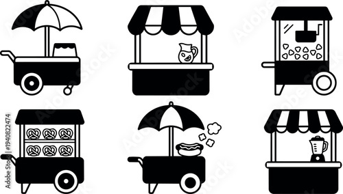 Flat design food cart and market stall icon set showing six black silhouette vendors including pretzel popcorn hot dog carts