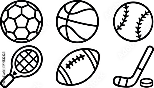 Minimal line art sports icons showing soccer basketball baseball tennis football and hockey equipment in landscape grid, bold black strokes
