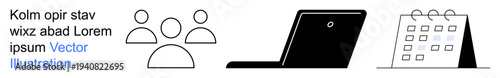 Teamwork, remote work, planning, productivity, office tasks, scheduling. Minimalist icons of a group, laptop and calendar. Group collaboration and remote work concept