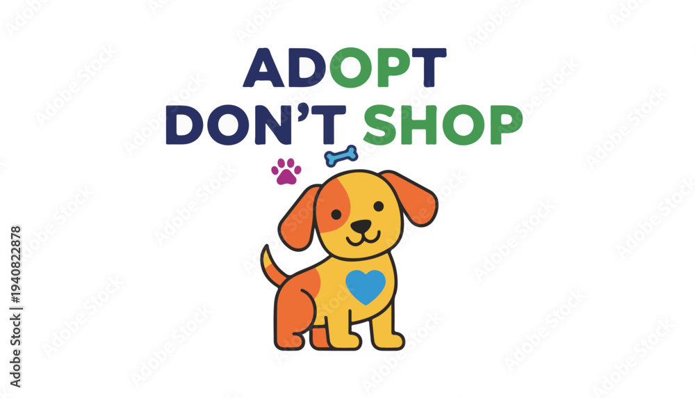 Fototapeta premium Adopt Dont Shop Message with Happy Puppy Character for Animal Rescue Shelter Promotion and World Animal Day Event