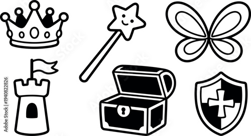 Line art icon set showing smiling star wand, crown, castle turret, treasure chest, butterfly and shield in simple bold style