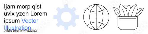 Technology, global connectivity, sustainability, innovation, earth conservation, digital tools. A gear, globe and plant pot outlined icons. Technology and global connectivity concepts