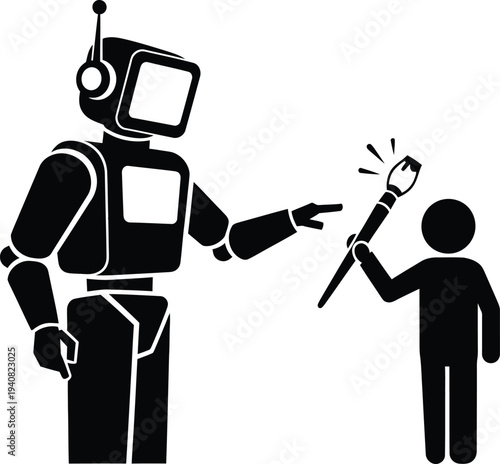 A black silhouette of a futuristic robot with a screen face interacting with a human child holding a paintbrush to represent AI in art education.