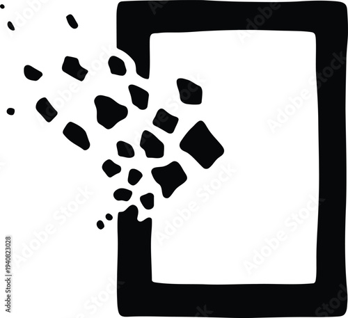 A vertical rectangular black frame silhouette with abstract stone-like fragments and irregular particles breaking away from the left border.