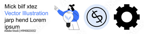 Innovation, idea generation, finance, technology, creativity, business solutions. Person holding lightbulb pointing, dollar symbol and gear illustration. Innovation and idea generation concept