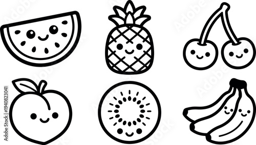 Kawaii line art fruit icons set with smiling watermelon pineapple cherries peach kiwi and bananas arranged in clean vector layout