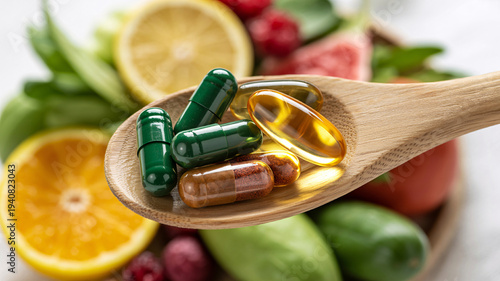 Vibrant supplements on wooden spoon with fresh fruits and vegetables