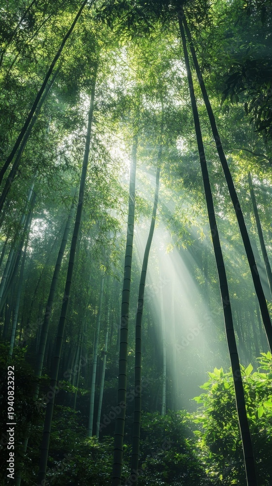 Obraz premium Sunlight Rays Pierce Through Misty Bamboo Forest