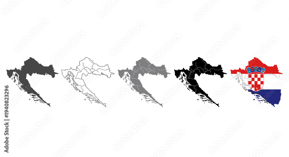 Obraz premium Croatia map collection outline silhouette and flag filled variations