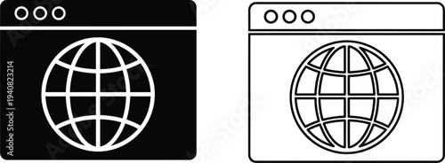 Set of 2 Browser with Globe Icons Vector: Black Solid and Outline Style for Global Internet, Website, and Network Concepts