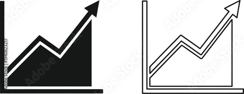 Set of 2 Growth Chart Icons Vector: Black Solid and Outline Style Line Graph with Upward Arrow for Business, Finance, and Marketing