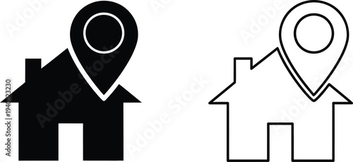 Set of 2 Home Location Icons Vector: Black Solid and Outline Styles for Real Estate, Address, or Property Pinpoint Graphics