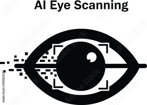 A black silhouette of a human eye with digital pixel disintegration and a scanning frame representing biometric security and AI eye scanning technology.