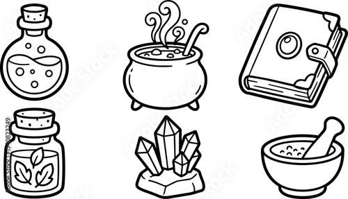 Line art vector icon set showing witchcraft potion bottles cauldron grimoire crystals mortar and pestle arranged in clean flat layout