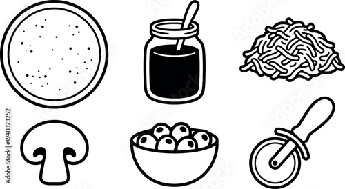 Line art pizza ingredient icon set showing pizza base jar of sauce shredded cheese mushroom olives and cutter flat vector