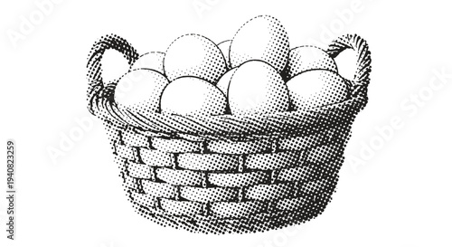 Woven basket filled with fresh eggs vintage illustration rustic farm