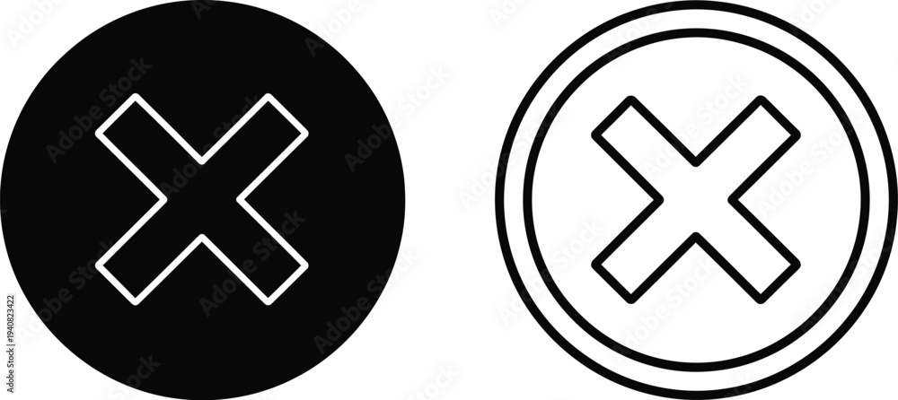 Obraz premium Set of 2 Close or Delete X Mark Icons Vector in Solid Black and Outline Styles for UI, Web, and App Design
