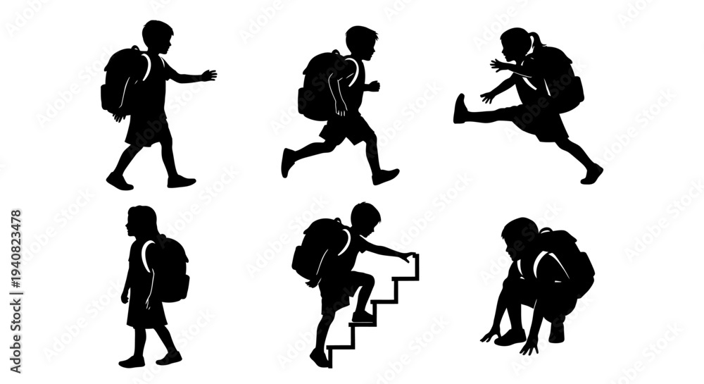 Fototapeta premium Children Backpack Silhouettes: Active Kids in Motion, Climbing, Running, Jumping