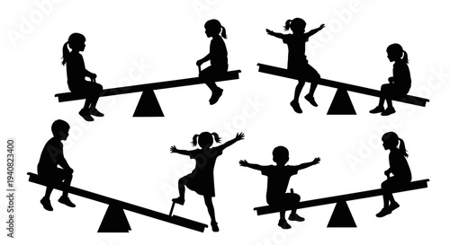 Children Playing on Seesaw Silhouettes: Joyful Childhood Outdoor Activity