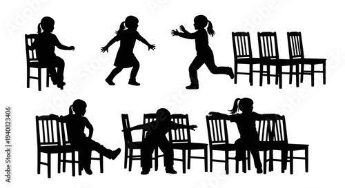Children Playing Musical Chairs Silhouette - Active Kids Fun Game