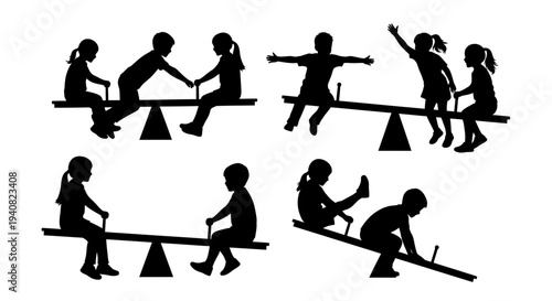 Children playing on seesaw silhouettes, playground fun, active childhood, outdoor recreation