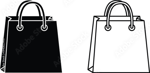Black and white shopping bags with handles isolated on transparent background, Vector