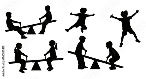 Children playing on seesaw, jumping, silhouette, outdoor fun, active childhood