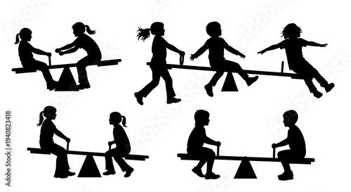 Children playing on seesaws in a park, silhouette, outdoor activity, fun, childhood