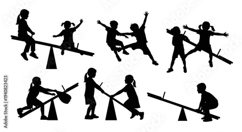 Children playing on seesaw, playground fun, silhouette, active childhood, outdoor recreation