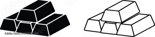 Set of 2 Gold Bar Icons Vector: Solid Black and Outline Style for Finance, Wealth, Investment, and Business Concepts
