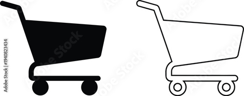 Set of 2 Shopping Cart Icons Vector: Black Solid and Outline Design for E-commerce, Retail, and Online Store Websites