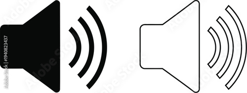 Set of 2 Volume Up Speaker Icons Vector: Solid Black and Outline Style for Audio Control, Sound Settings, and Multimedia Interface Design