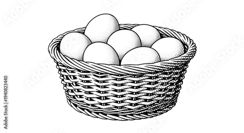 Woven basket filled with fresh white eggs farm fresh concept