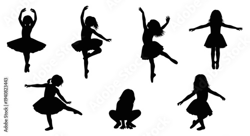 Ballet Dancers Silhouettes: Young Girls in Various Poses on White Background