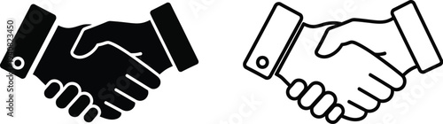 Set of 2 Handshake Icons Vector: Solid Black and Outline Style for Business Deal, Partnership, Agreement, and Trust Concepts