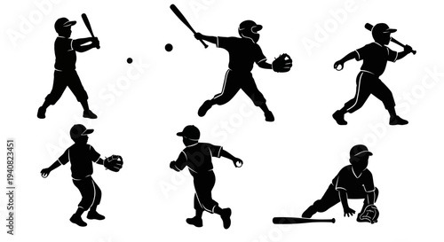 Baseball Player Silhouettes: Action Poses of Kids Playing Baseball