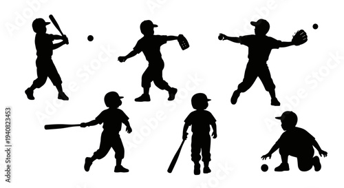 Baseball Kids Silhouettes: Action Shots of Young Players Batting, Pitching, and Catching