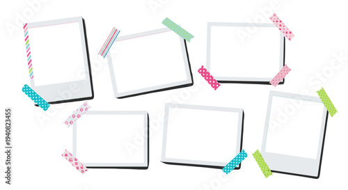 Blank polaroid photo frames with colorful washi tape bordering