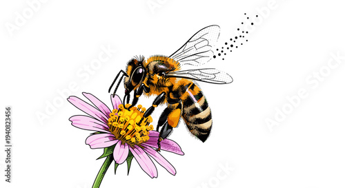 Honeybee collecting nectar from a vibrant pink flower on a white