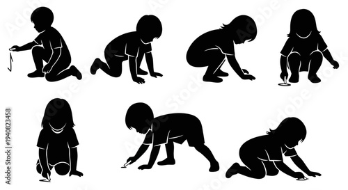 Child Drawing Silhouette Set: Various Poses of a Kid Creating Art with Pencil on White Background