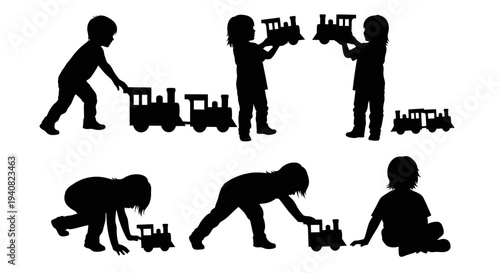 Childhood Play: Silhouette of a child interacting with toy train set in various poses
